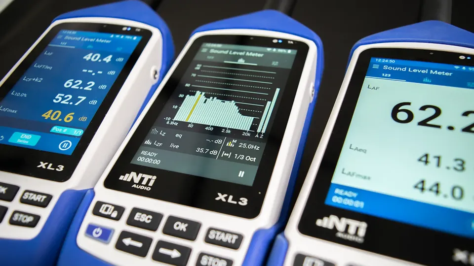 NTi Audio XL3 analyzers showing sound level and spectrum screens